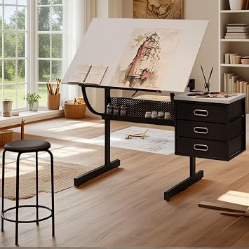 Adjustable Tilt Drafting Table with Drawers, Side Table, Stool, Black White