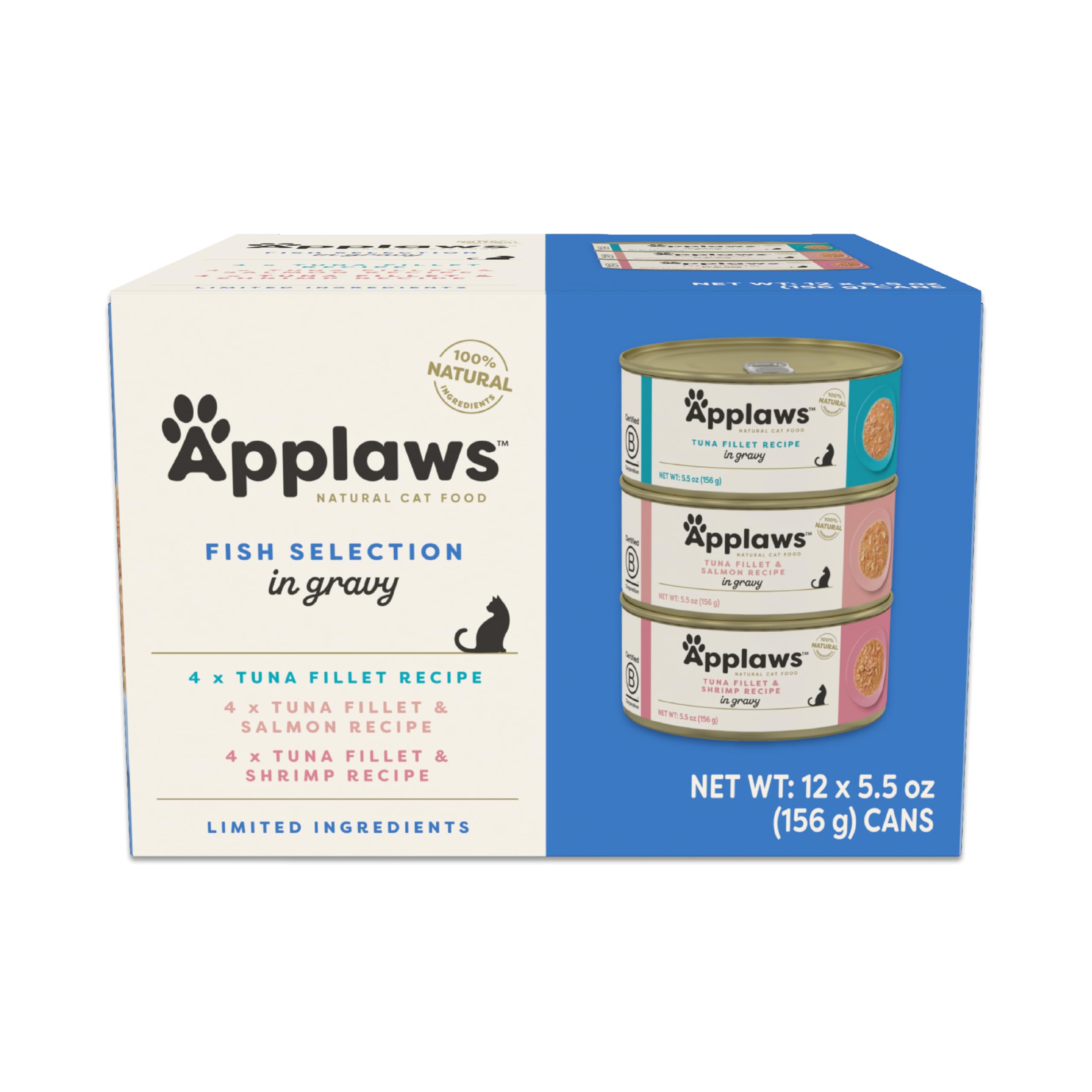 Applaws Natural Wet Cat Food in Gravy, Limited and Natural Ingredients, High Protein with No Artificial Additives, Fish Selection in Gravy (12 x 5.5oz
