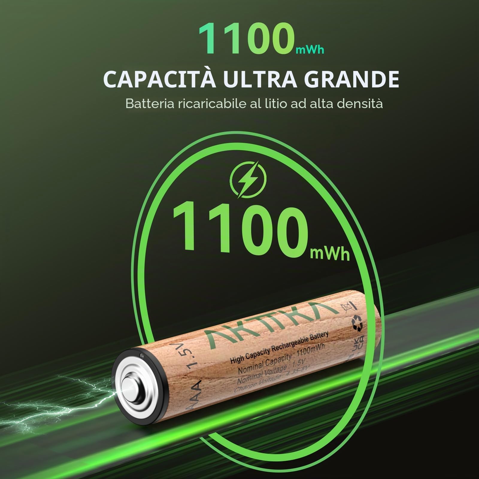 8 batterie AAA ricaricabili al litio 1100 mWh, 1,5 V a tensione costante, con cavo USB-C 5V/2A 1‑vers‑4, per telecomandi, termometri, bilance