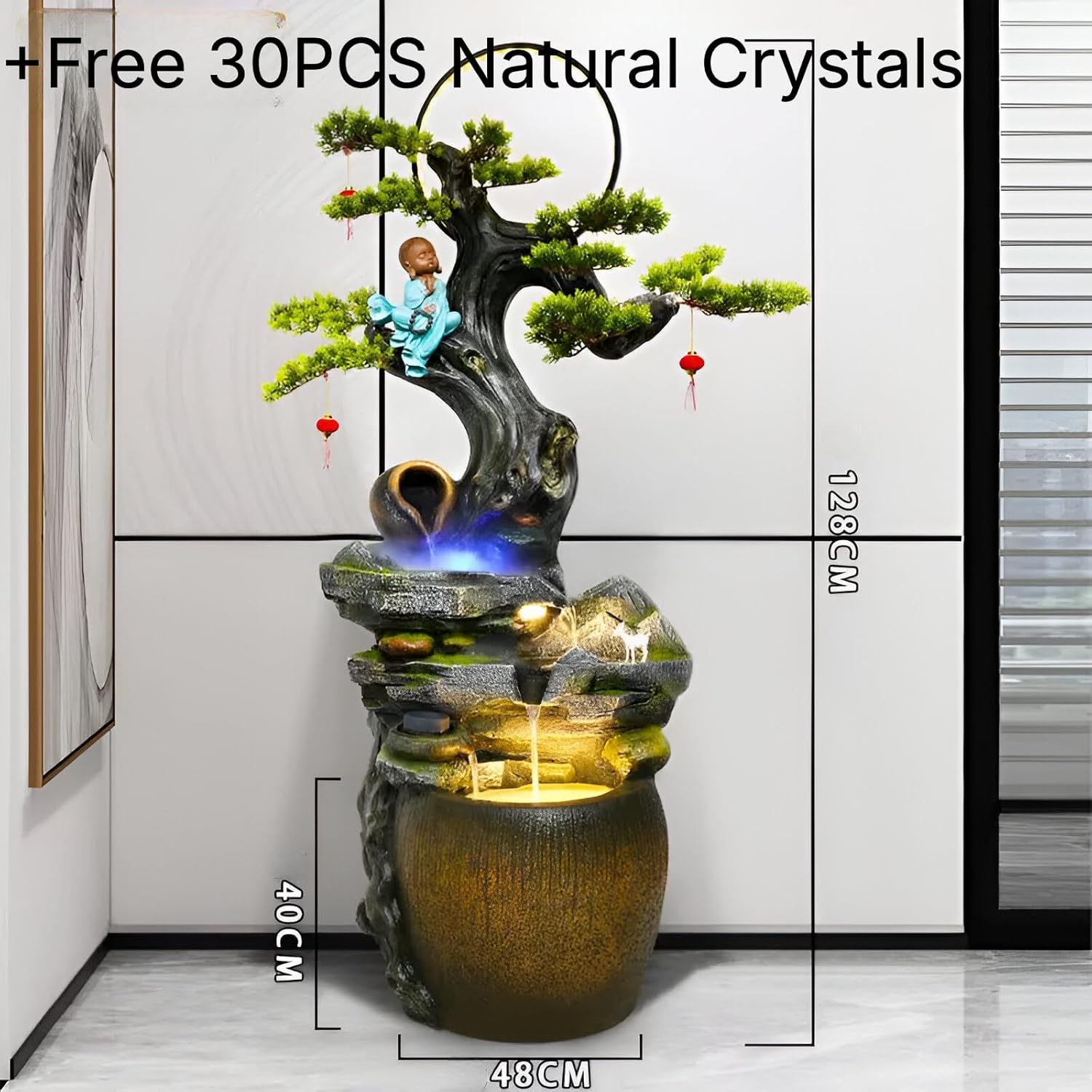 Large Floor Standing Fountain-with neon Lights,Atomization,recirculating Water,Ornaments & Landscape Zen-Applicable to Indoor Decoration,Zen Landscape-delivery+30 Free Crystals (62 * 56 * 158 CM)