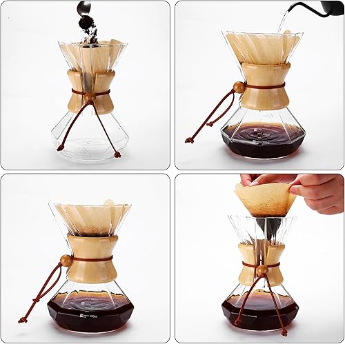 Miniatura 5 de Cafetera para verter sobre café, jarra de café de vidrio borosilicato de 19 onzas con 100 filtros de papel V60, collar de madera y cuerda de cuero