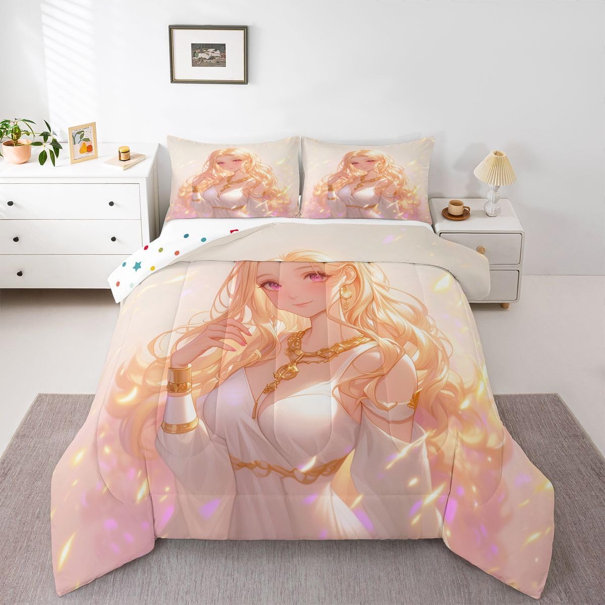 Erosebridal Kawaii Girly Comforter Set 3D Anime Gifts Bedding Sets, Japanese Girl Bedding for Kids Girls Lady Women Aesthetic Princess Bedding Comforter Sets Twin Size