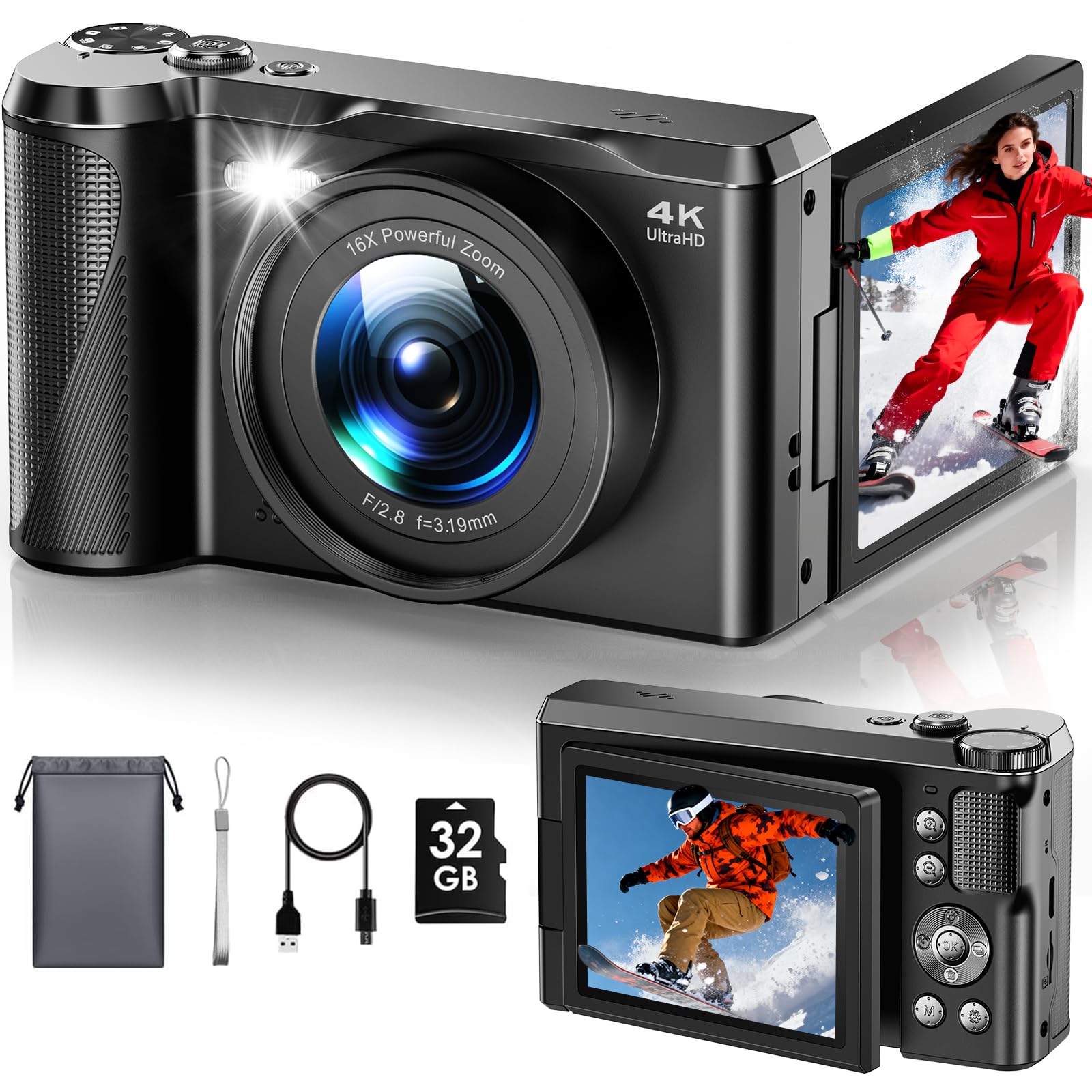 Macchina Fotografica Digitale, Focusinc 4K 56MP Fotocamera con Autofocus, Videocamera Pieghevole 180° da 3 Zoom Digitale 16X, Scheda 32GB Inclusa, Compatta Ricaricabile per Principianti Studenti