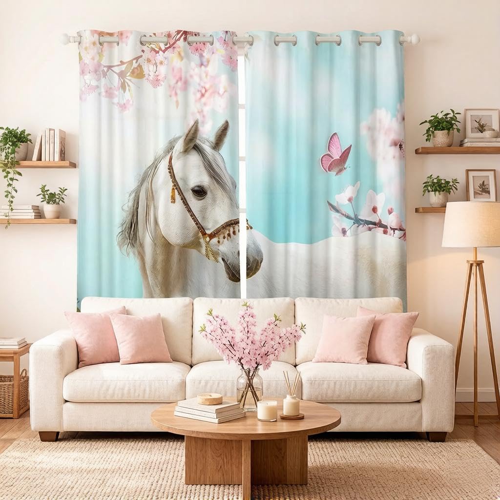 White Horse Print Window Drapes Wild Animal Themed Curtain Butterfly Floral Print Window Treatments for Kids Boys Girls Microfiber Nature Themed Window Curtain Room Decor W66*L90 — image 1