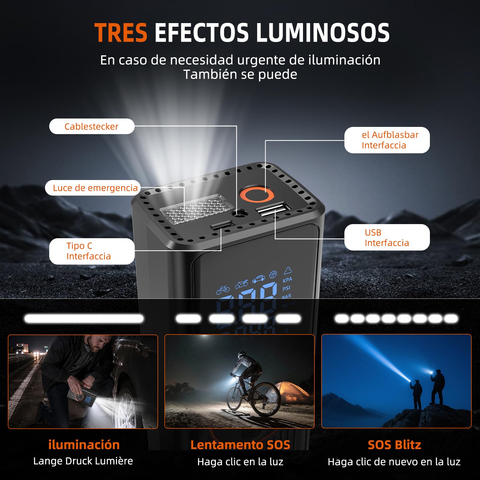 Compresor Aire Portátil 8000mAh, 150PSI Inflador Ruedas Coche, Inflador Eléctrico con Doble Alimentación Recargable, Pantalla Digital y Luz LED, Apagado Automático, para Coche, Moto, Bicicleta, Pelota