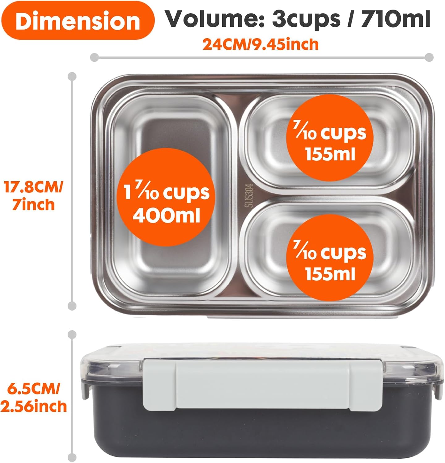 Stainless Steel Bento Lunch Box for Kids, 710 ml/23.5 oz BPA-Free Leak-Proof Food Containers with 3 Compartments, Back to School Students Daycare Lunches Snack Container Size for Ages 3-7 - Image 4