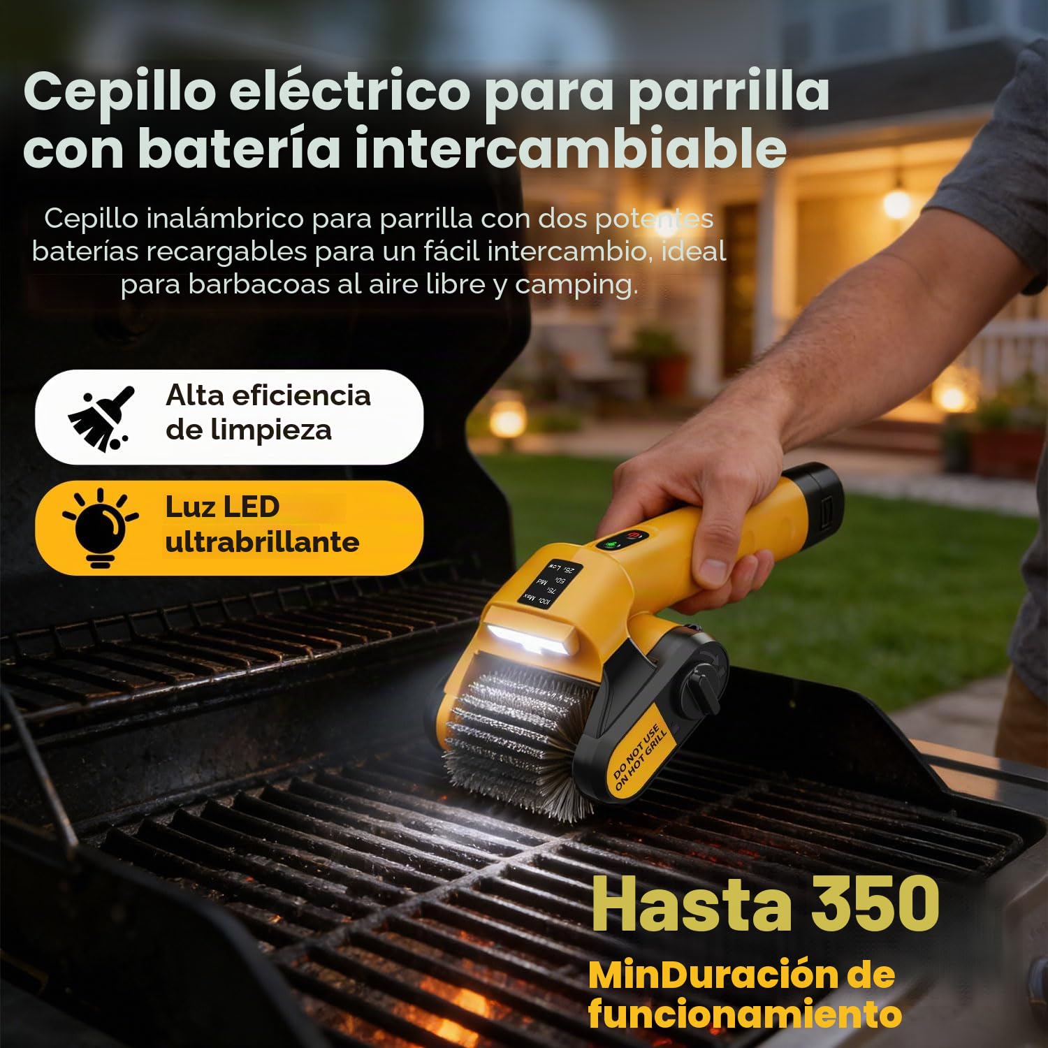 Qimedo Cepillo de Limpieza Eléctrico para Parrilla con Luz LED, 800 RPM, Cerdas de Acero Inoxidable, Cepillo Potente, Inalámbrico, para BBQ, Rejilla de Hierro Fundido, Parrilla de Gas y Eléctrica