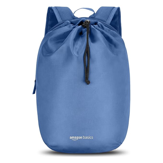 amazon basics 15L Compact Denim Blue Backpack | Lightweight & Durable Polyester | Drawstring Closure | 2 Compartments | Unisex Design for Unisex | Ideal for College & Daily Commutes (Blue)