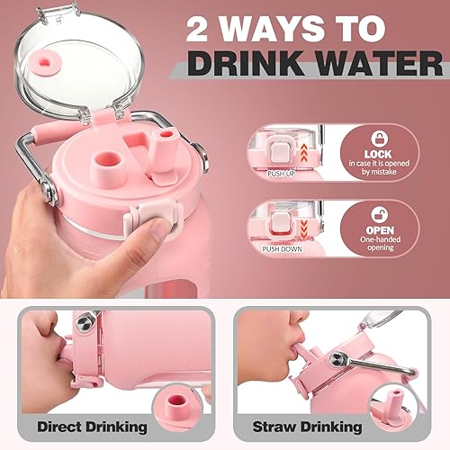 Miniatura 2 de Botella de agua de vidrio de 64 onzas, botella de agua potable de vidrio con popote y mango de acero inoxidable, botella de agua motivacional de