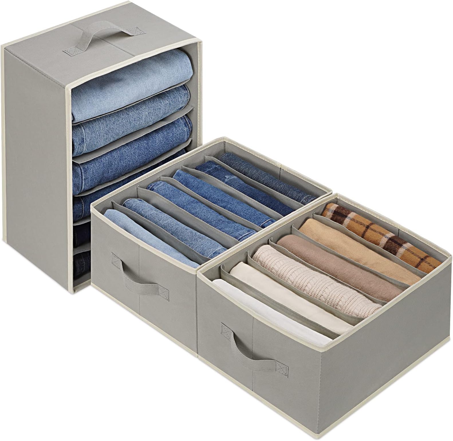 3 Pcs Large Size Wardrobe Clothes Organizers 6 Grids for Pants, Jeans, Sweater, T-shirt, Thin Coat, Dress Stackable Closet Drawer Organizer Storage Bin Container with Sturdy Handles, Grey