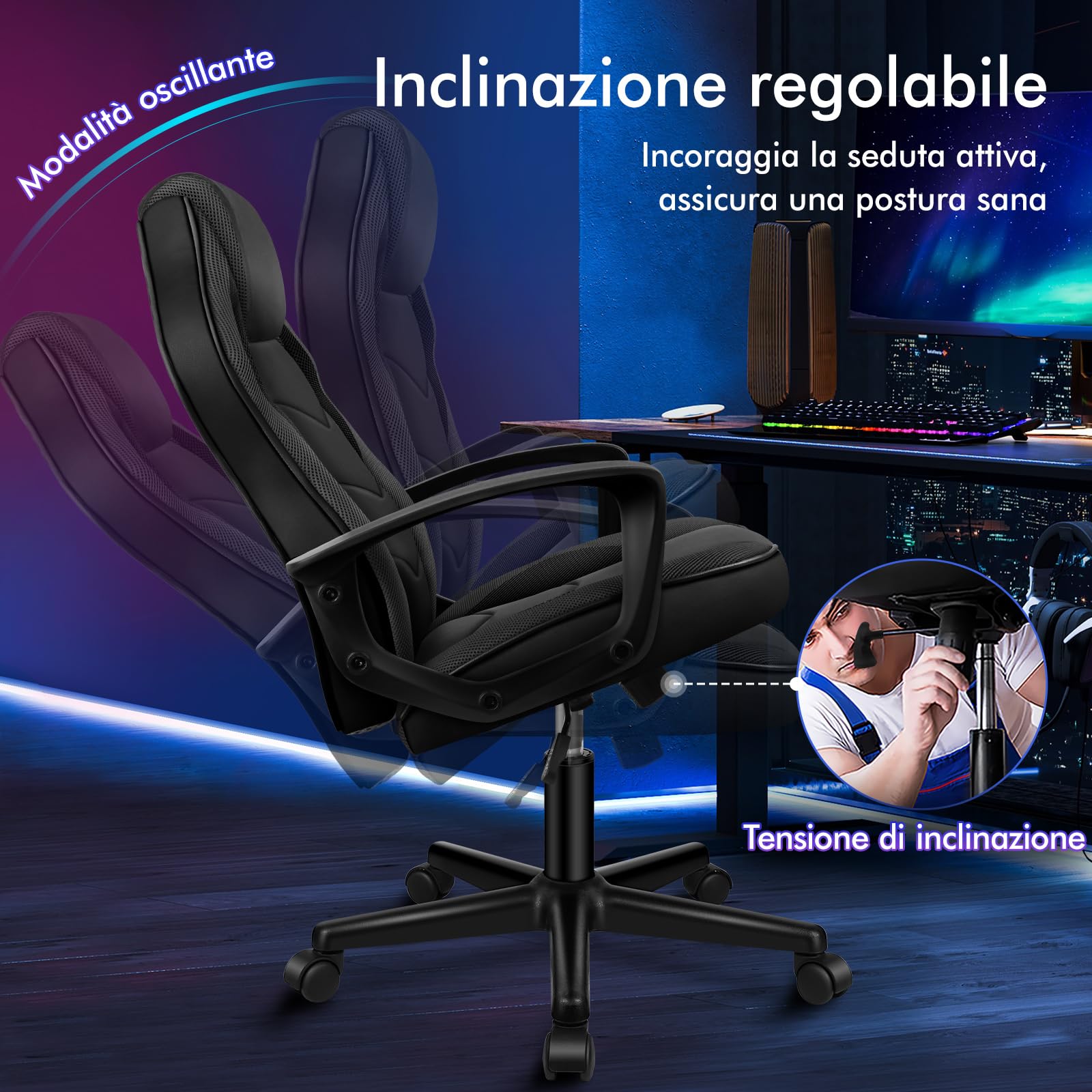 ALFORDSON Racing Sedia Ufficio Ergonomica con Ruote, Sedia Gaming in Similpelle e Rete Traspirante, Funzione di inclinazione, Altezza Regolabile, Poltrona Gamer per Computer Supporta 150 kg(Nera)