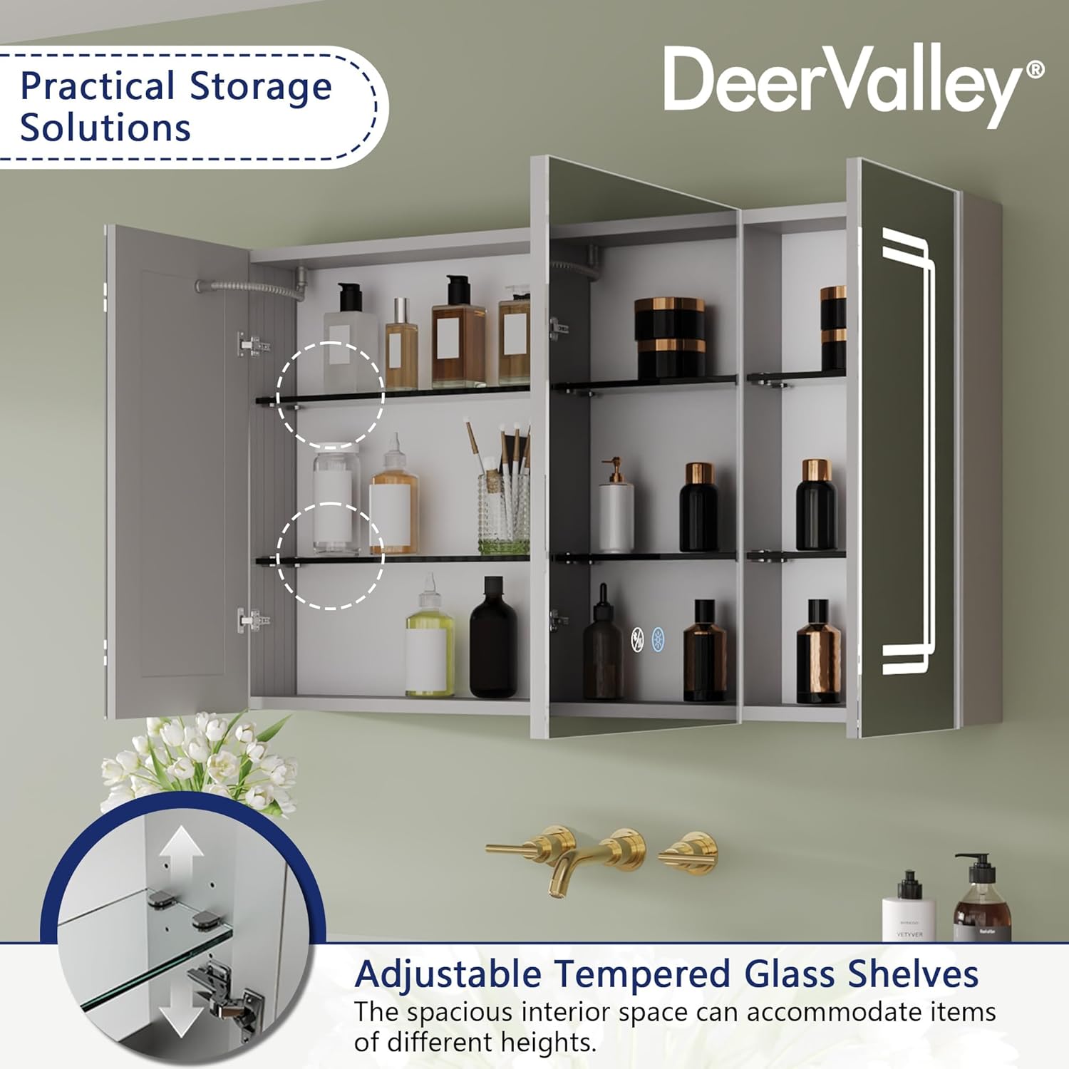 DeerValley DV-1VM0238 Medicine Cabinets for Bathroom with Mirror, 39.97"x 23.62" Wall Mounted LED Medicine Cabinet Organizer with Defogger, Dimmer, Bluetooth Speaker, Three Doors