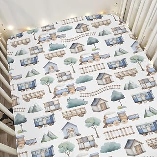 Watercolor Blue Train Rail Wagons Baby Crib Sheets for Boys 28"x52" Cartoon Railroad Station Mountain Trees Soft Snug Fitted Crib Mattress Cover Travel Baby Sheet for Standard Crib & Toddler Mattress