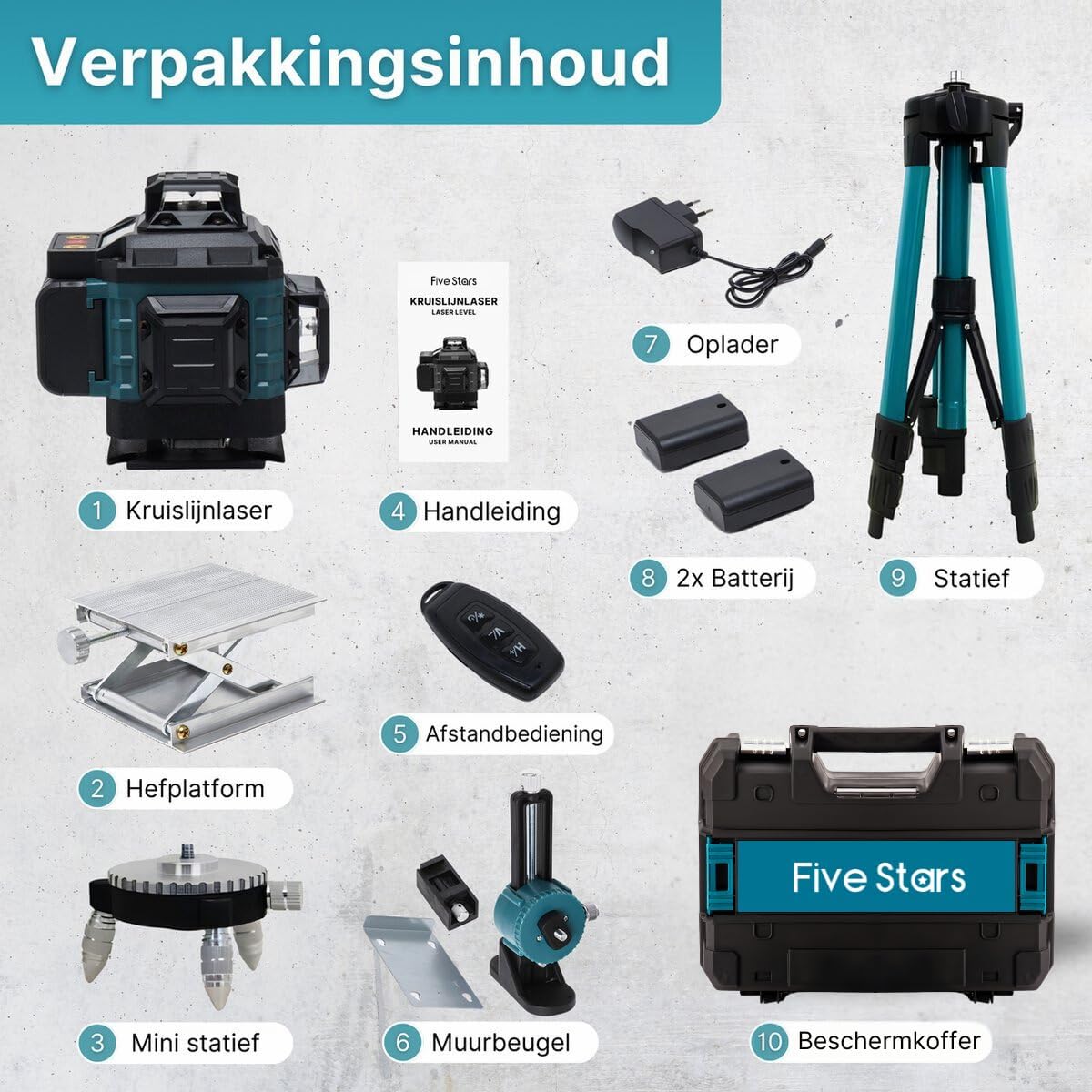 Detailed layout of the Five Stars 4D Cross Line Laser Level package contents, including the laser unit, lifting platform, mini tripod, manual, remote control, wall bracket, charger, batteries, main tripod, and protective case.