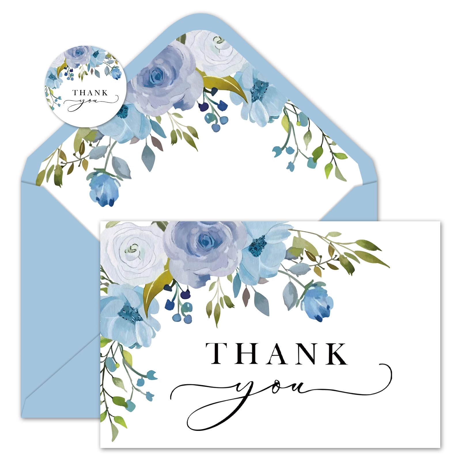 Whaline 24 Pack Blue Floral Thank You Cards Bulk Watercolor Flower Blank Note Cards with Envelope Sticker for Spring Summer Wedding Bridal Shower