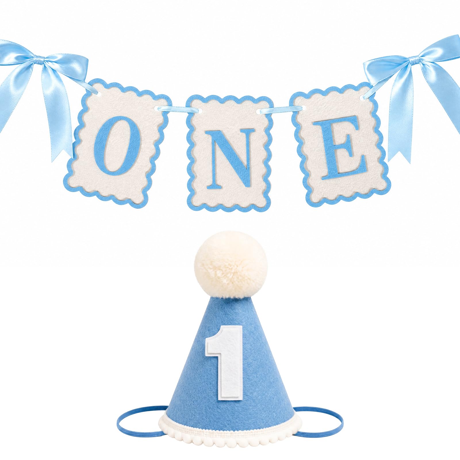 Geukmun 1st Birthday Decorations for Boys - First Birthday Hat and One High Chair Felt Banner Set for 1st Birthday Party Photos and Keepsakes.