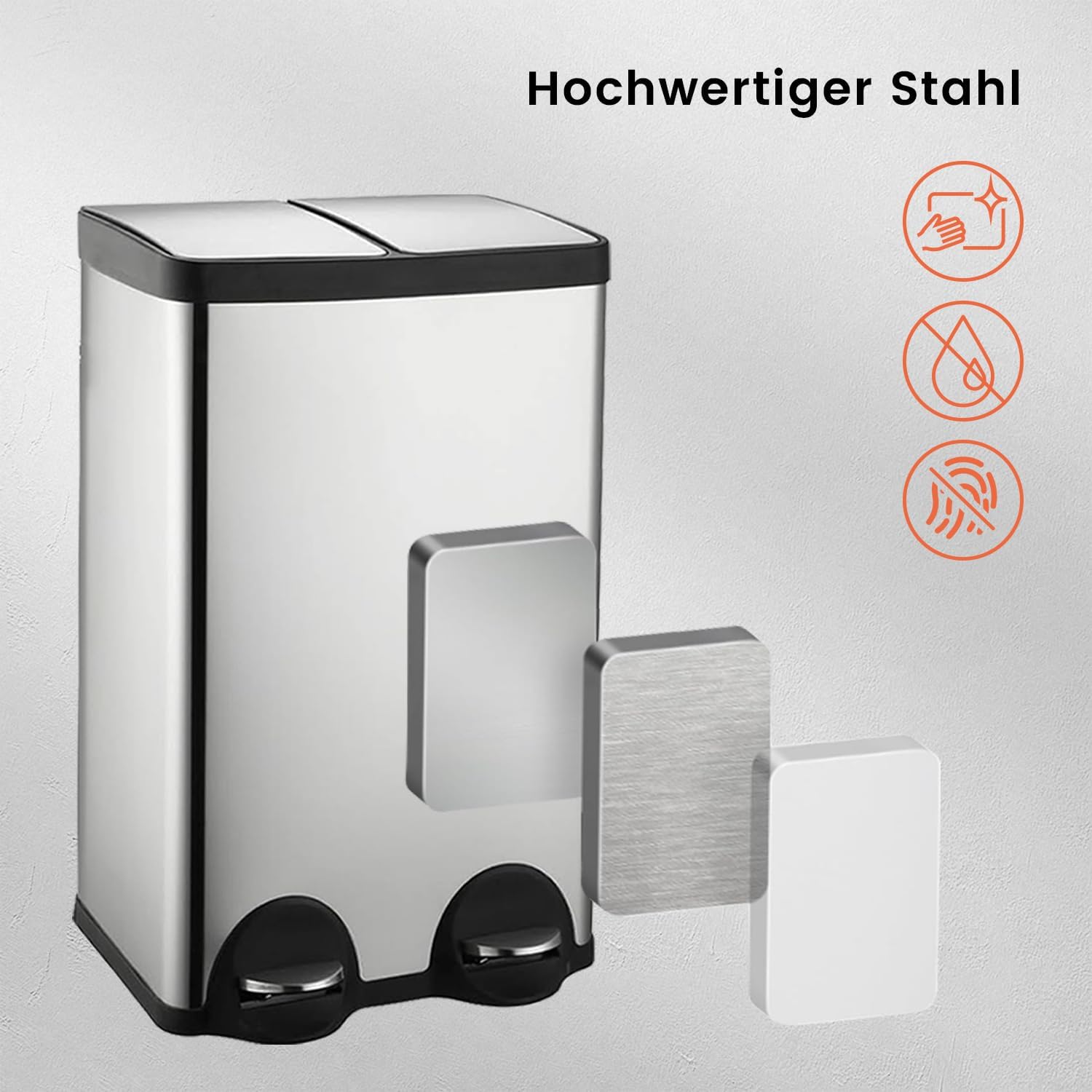 Mülleimer Küche 60l, 2x30L Mülltrennsystem, Tretmülleimer, Silber | Mülleimer 2 Fächer, Edelstahl, Herausnehmbarer Inneneimer,Mülleimer Geruchsdicht, Softclose Deckel, Für Mülltrennung Küche