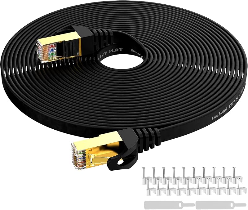 Cable Ethernet Cat 7 de 50 pies, color negro, cables de conexión de red plana para Internet, alta velocidad hasta 10 Gbps, cable de red Ethernet SSTP RJ45, cabezal chapado en oro para conmutador/enrutador/módem/panel de conexión de 15 m