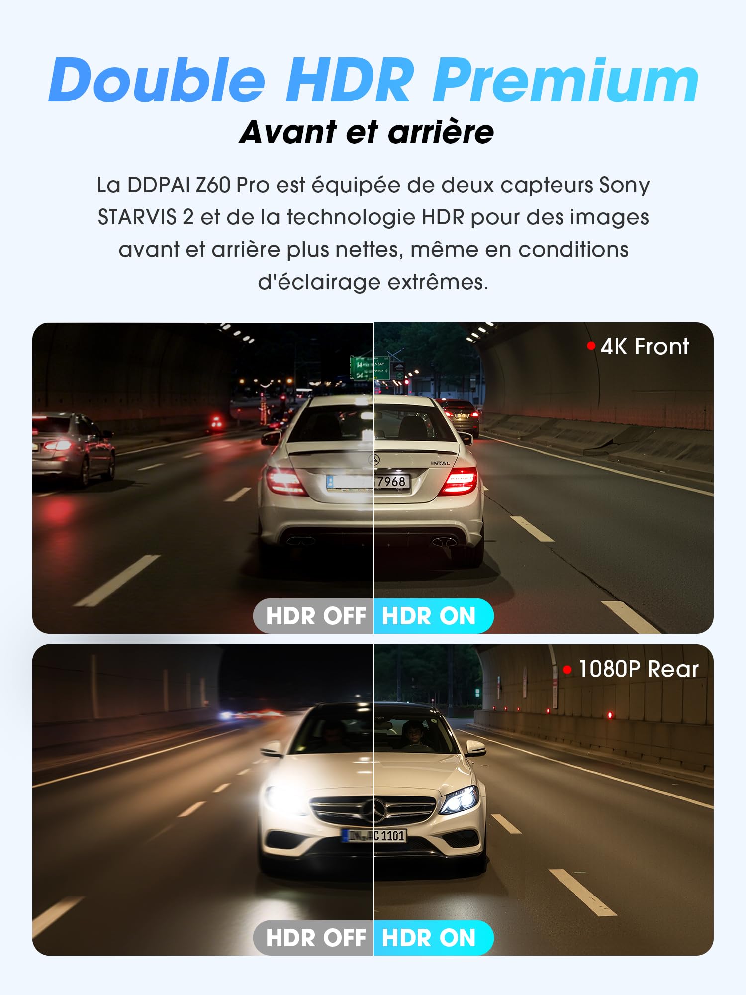 DDPAI Z60 Pro Dashcam Voiture Avant Arrière, 4K+1080P Dual STARVIS 2 HDR, 32 Go eMMC Intégré + Carte 128 Go Offerte, Vision Nocturne AI-ISP, 4G LTE, WiFi 5GHz GPS, Mode Parking 24H, 3" IPS