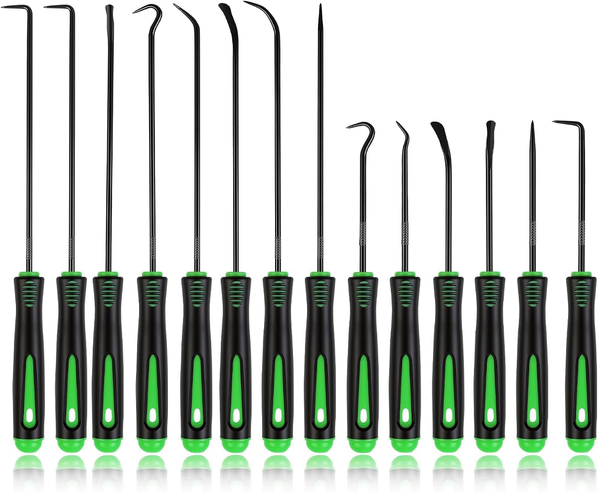 Rindion 14PCS Pick Set Mechanic, Hook and Pick Tool Set with Non-Slip Grip, Long & Mini Automotive Pick Set for O-Ring, Seal & Gasket Removal, Car Repair, Mechanical and DIY Use(Green)