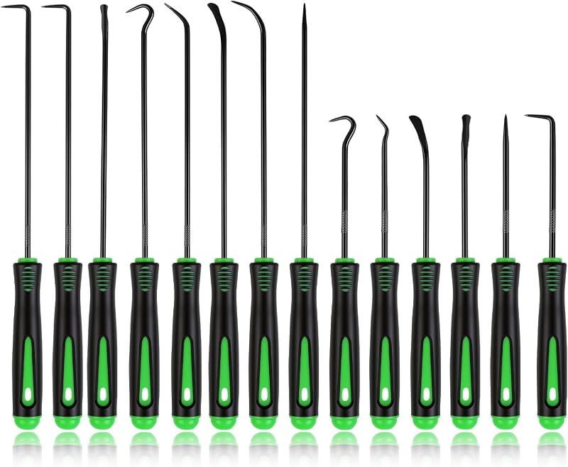 Rindion 14PCS Pick Set Mechanic, Hook and Pick Tool Set with Non-Slip Grip, Long & Mini Automotive Pick Set for O-Ring, Seal & Gasket Removal, Car Repair, Mechanical and DIY Use(Green)