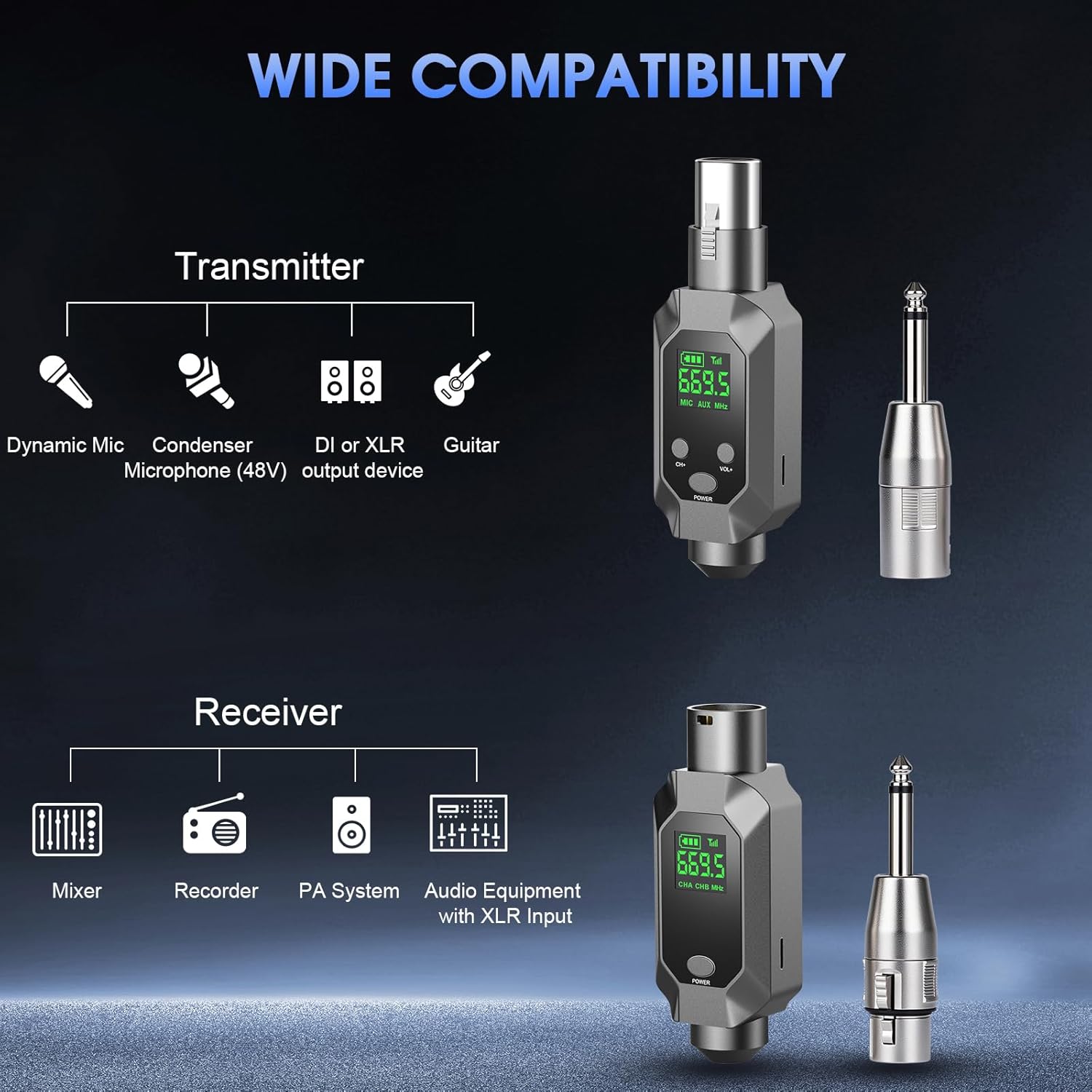 Wireless Microphone Transmitter Receiver XLR Transmitter and Receiver UHF Microphone System for 262ft Range Stable Transmission 8Hrs Battery Wireless Mic Adapter for Condenser, Dynamic Mics, PA, Mixer