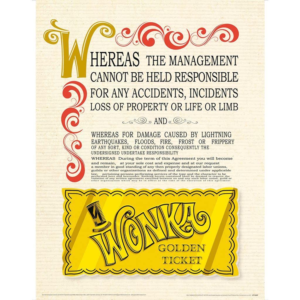 Willy Wonka & the Chocolate Factory Golden Ticket Print (40cm x 30cm) (Cream/Black/Yellow)