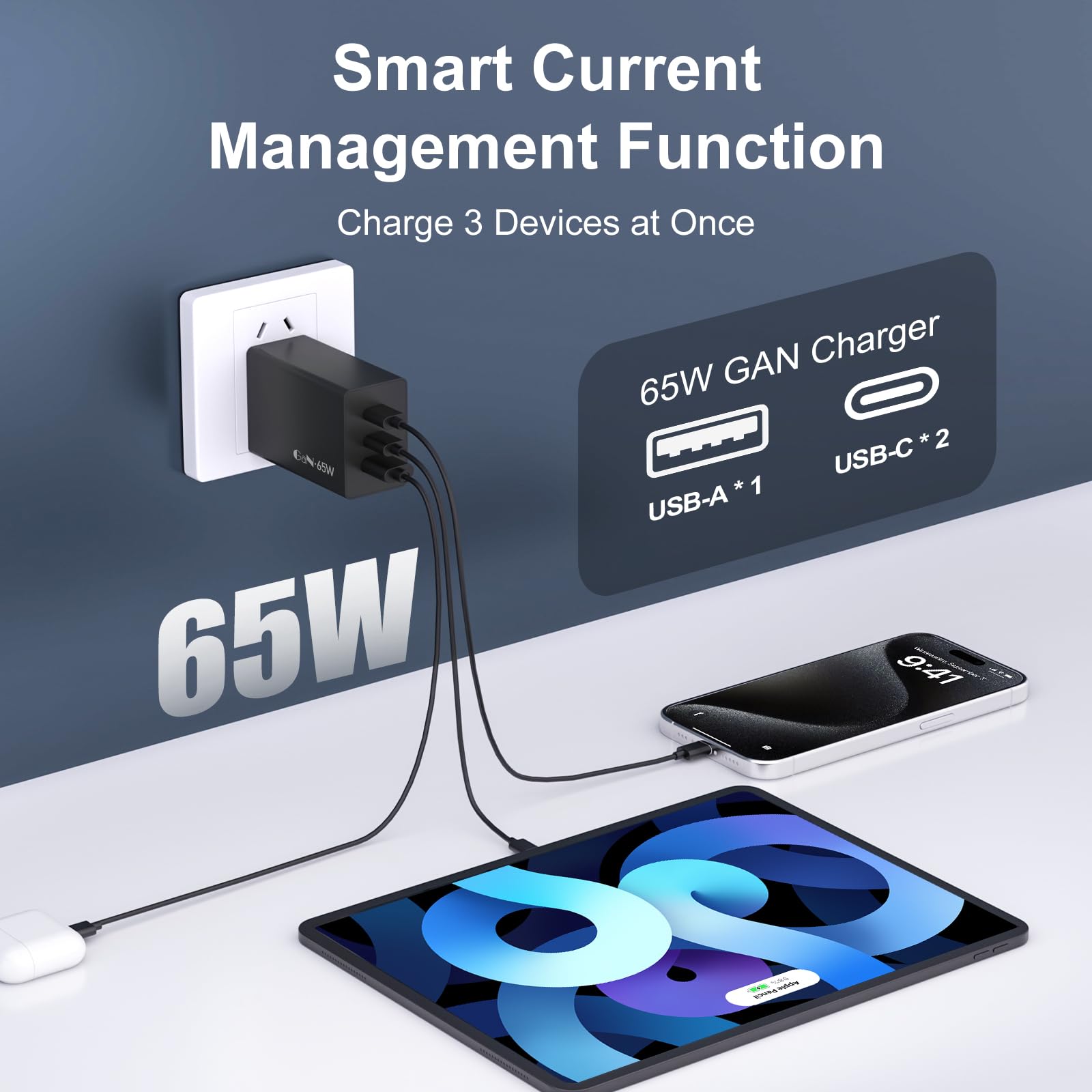 GaN - Caricatore da parete a 3 porte da 65 W, per Samsung Galaxy S25 Ultra/S25/S25+/S24 Ultra/S24/S24+/S23 Ultra/S23/S23+/S22/S22 Ultra/S22+/Z Fold 3/laptop
