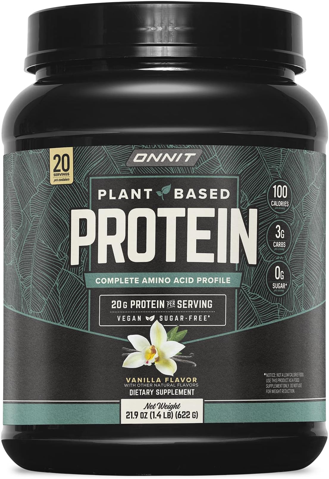 ONNIT Plant-Based Protein Powder, Vanilla Flavor, 20g Protein per Serving, Vegan and Dairy Free Dietary Supplement with 20 Servings per Tub, 21.9 oz