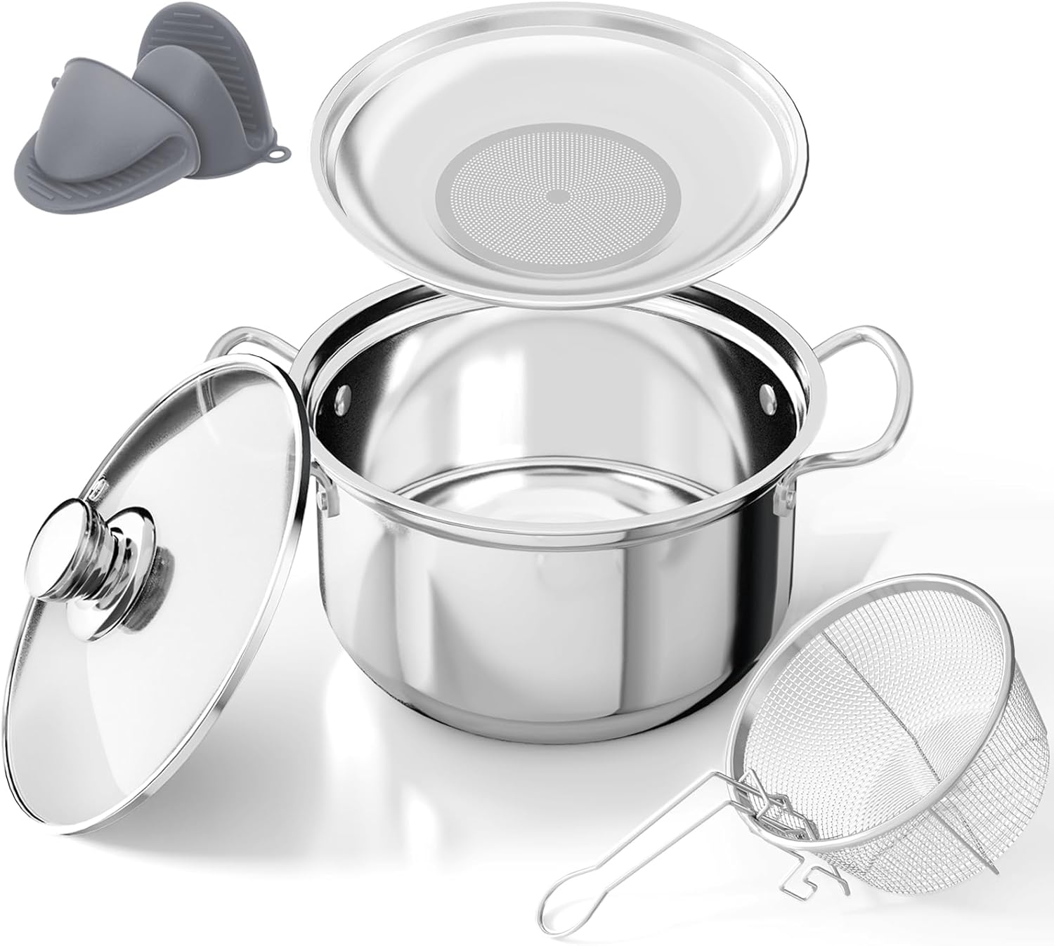 Deep Fryer Pot with Basket &Oil Strainer,4L/4.2QT Large Capacity All-in-One Stainless Steel Oil Strainer Pot and Multi-Functional Cooking Pot for Frying,Boiling,Stewing for Kitchen and Outdoor Camping