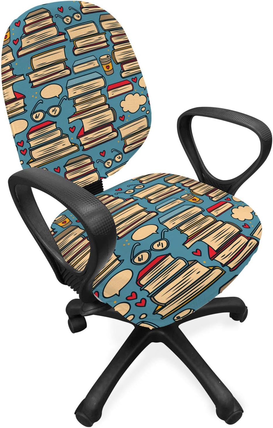 Ambesonne Geek Office Chair Slipcover, Repeating Pattern with Stack of Books Combined with Hearts Coffee and Nerd Glasses, Decorative Stretch and Washable Fabric Cover, Standard Size, Multicolor Cream