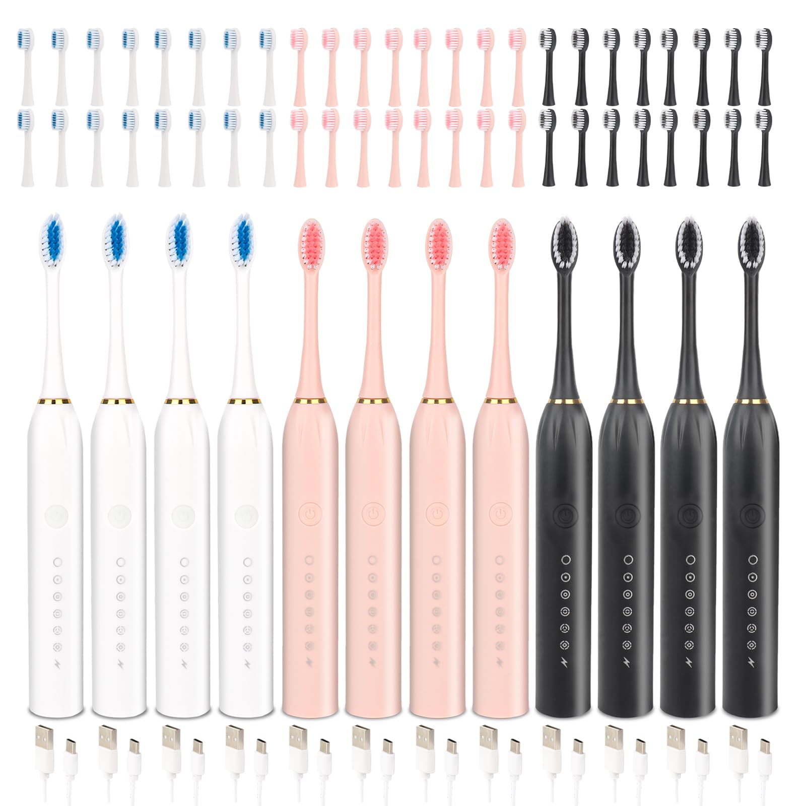 12 Pack Adult Electric Toothbrush Rechargeable Sonic Electric Toothbrush with 4 Brush Heads 6 Modes Timer Function IPX7
