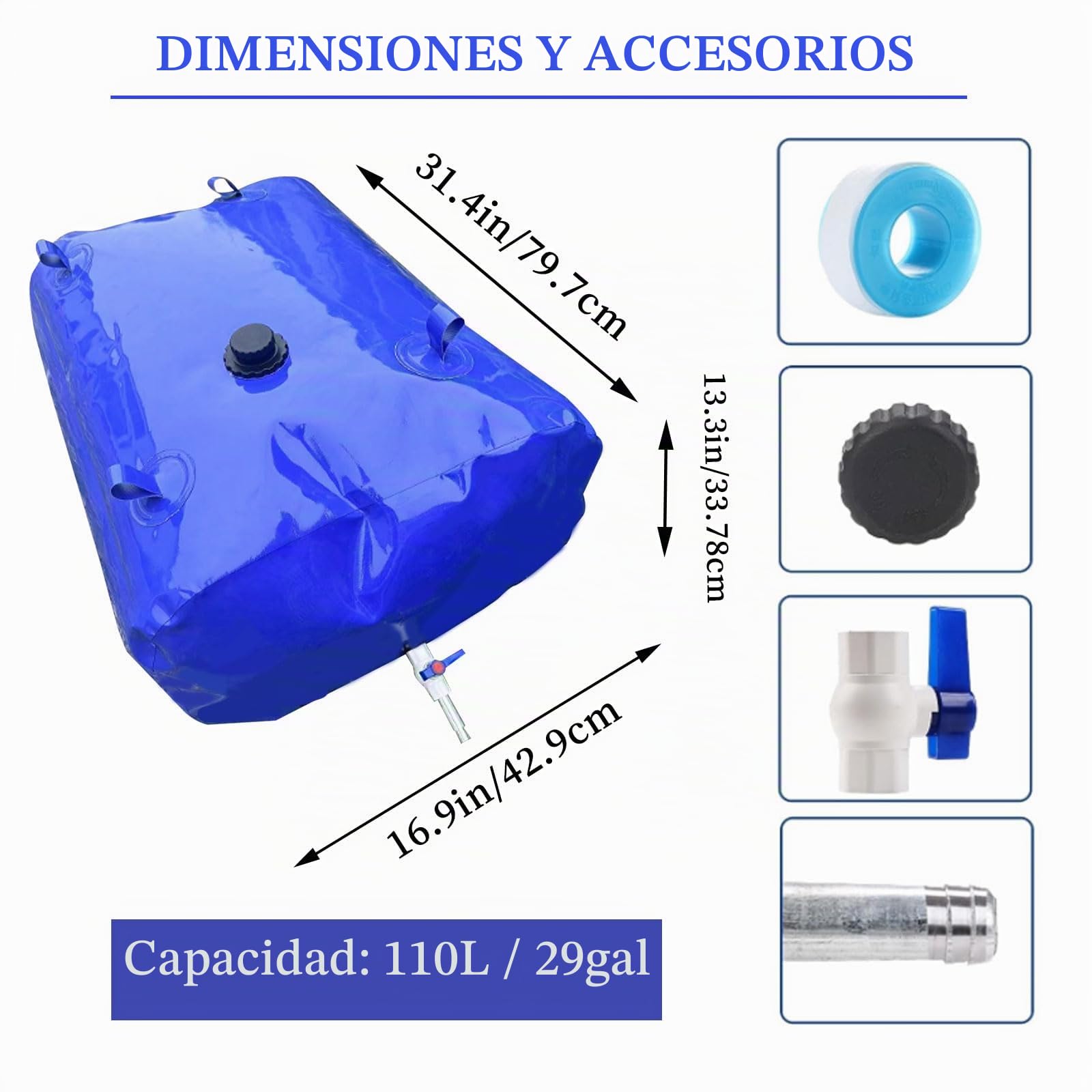 Bolsa de agua plegable de 100 litros, con grifo, depósito de agua de gran capacidad para jardín, camping, barbacoa, pesca
