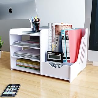 Natwind 4-Tier Office White Desktop Organizer Paper File Rack with Vertical Horizontal File Holder All in One Supplies Storage Box Mail Sorter on Desk Tabletop Binder Folder Letter Trays Study Home