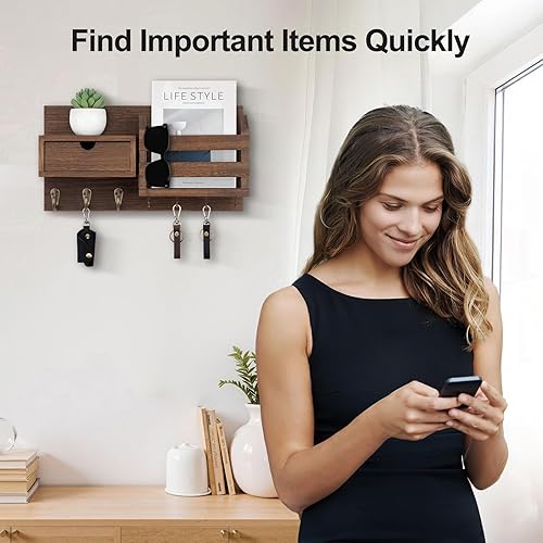 Miniatura 2 de Soporte para llaves de pared con organizador de correo, 100% madera de paulownia, 7 ganchos de metal, cajón de almacenamiento, entrada decoración