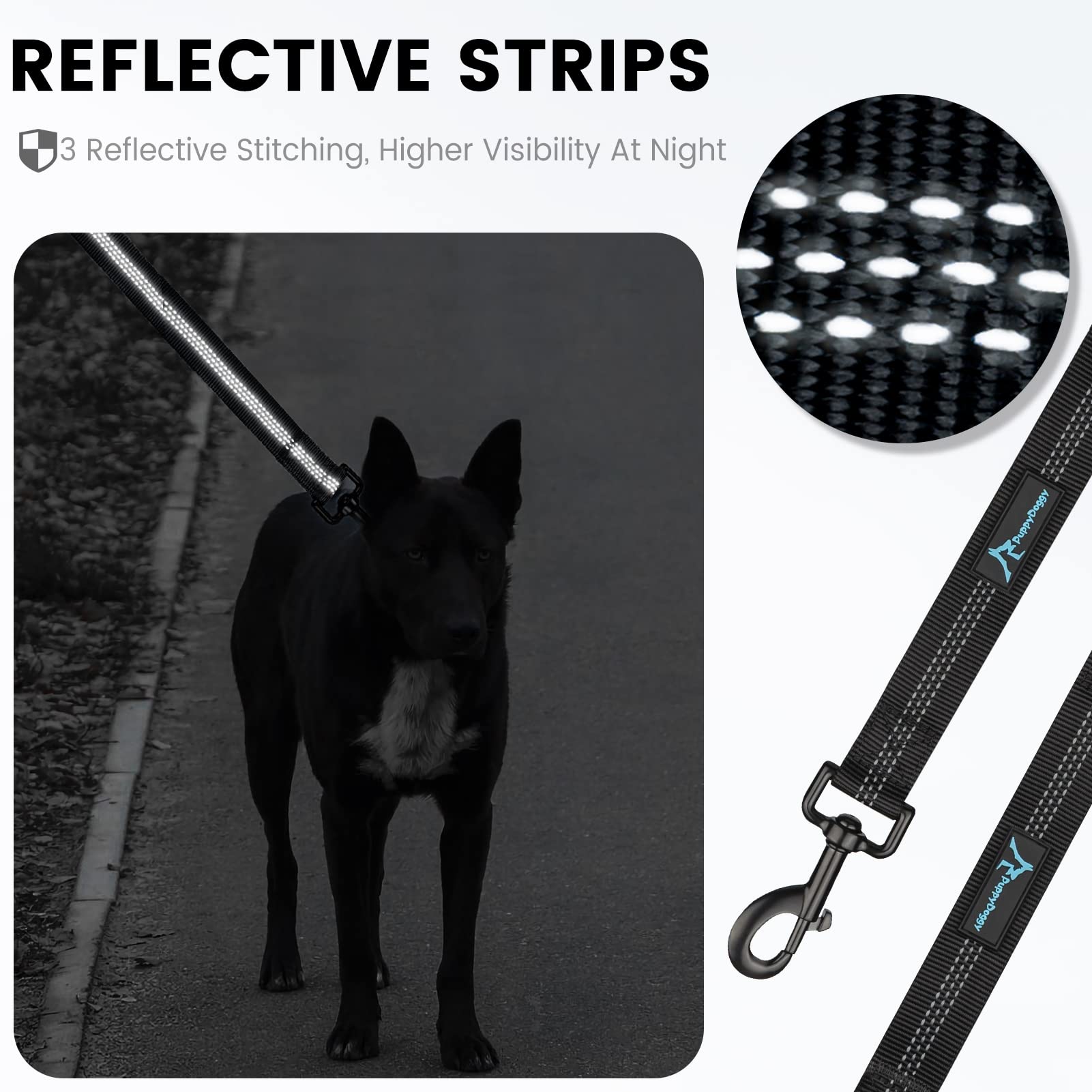 Correa para grandes perros con costuras reflectantes y 2 asas acolchadas de tráfico, correa para mascotas, cuerda para perros para caminar y entrenar (negro 1 paquete 46cm x 2.5cm)