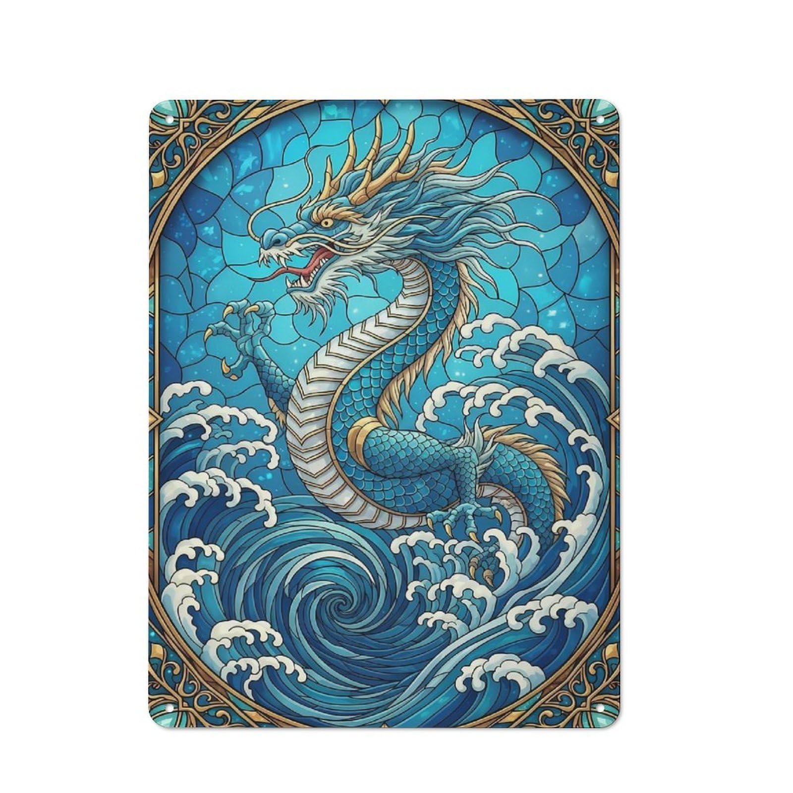 Junmoney Style-5 Retro Metal Plaque 40X30cm Featuring Blue Dragon In Ocean Stained Glass For Workshop Wall, For Metal Sign Collectors, For Garage And Workshop Walls