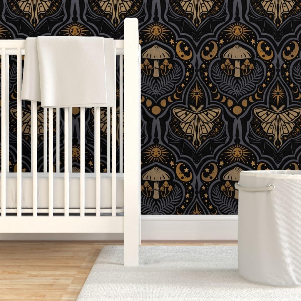 Peel & Stick Wallpaper 3ft x 2ft - Mushroom Damask Dark Witchy Gothic Moon Phase Celestial Mystical Bat Luna Moth Black Blue Large Custom Removable Wallpaper by Spoonflower
