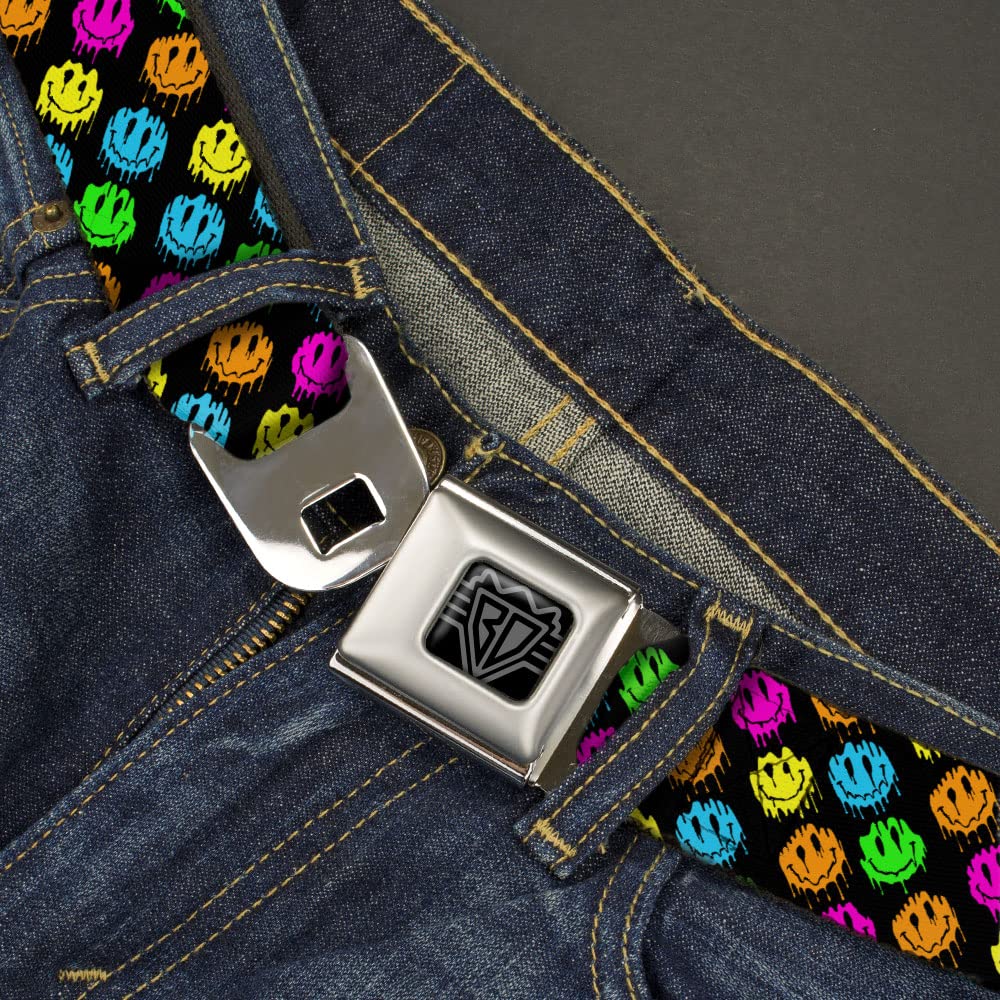 Buckle-Down Belt, Seatbelt Buckle Belt, Smiley Faces Melted Mini Repeat Angle Black Multi Neon, 24 to 38 Inches