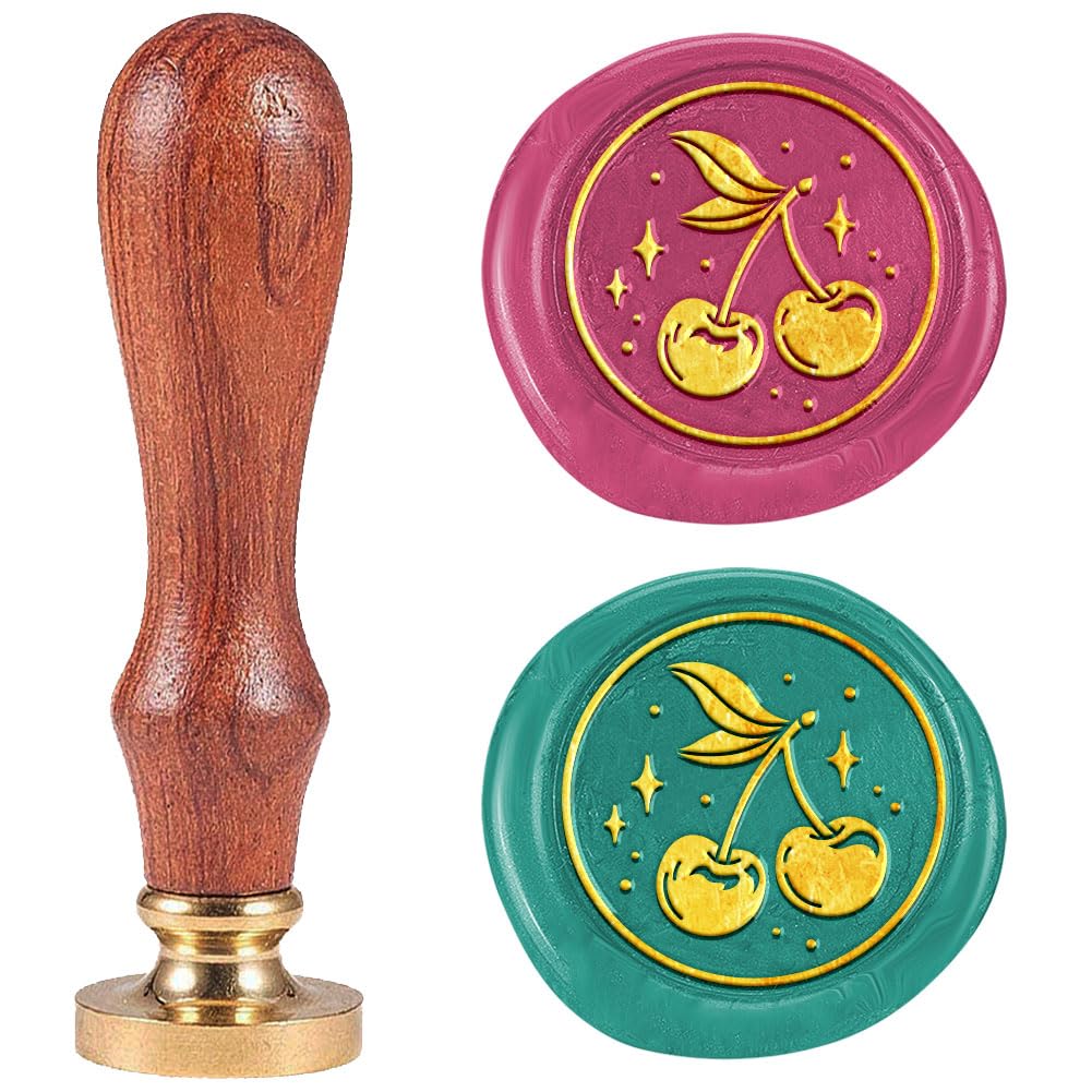 DELORIGIN Cherry Wax Seal Stamp Fruit Wax Stamps 25mm Removable Brass Sealing Stamp Head With Wooden Handle Retro Wax Sealing Stamp for Gift Wrap Envelopes Greeting Cards Decoration
