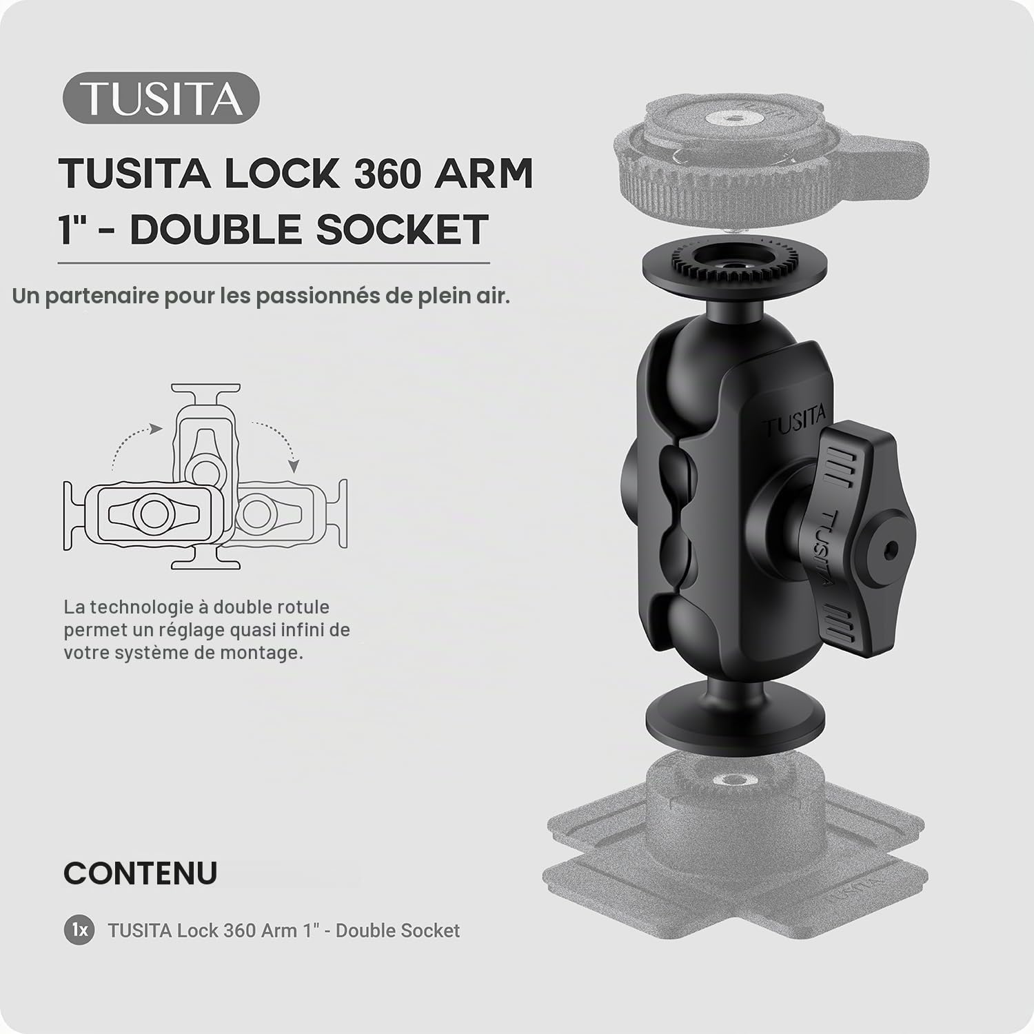 TUSITA Lock 360 Arm 1" Support - Double Prise B Taille Courte