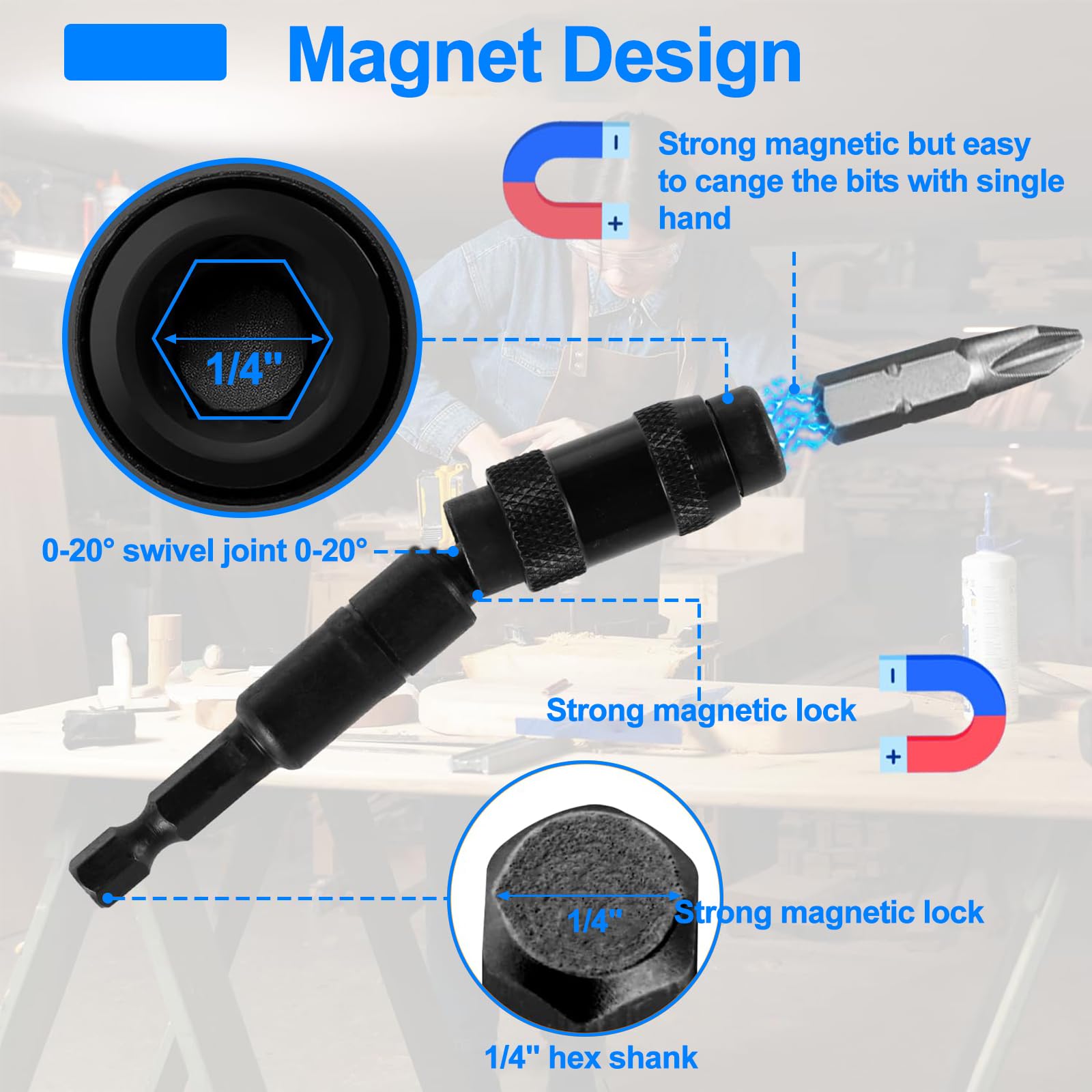 2Pcs Magnetic Bit Holder, 1/4" 90mm & 145mm Pivot Flexible Extension Drill Bit Holder, 20 Degree Quick Rotary Release Extension Screwdriver Bit Holder, for Narrow Spaces or Corners - Image 3