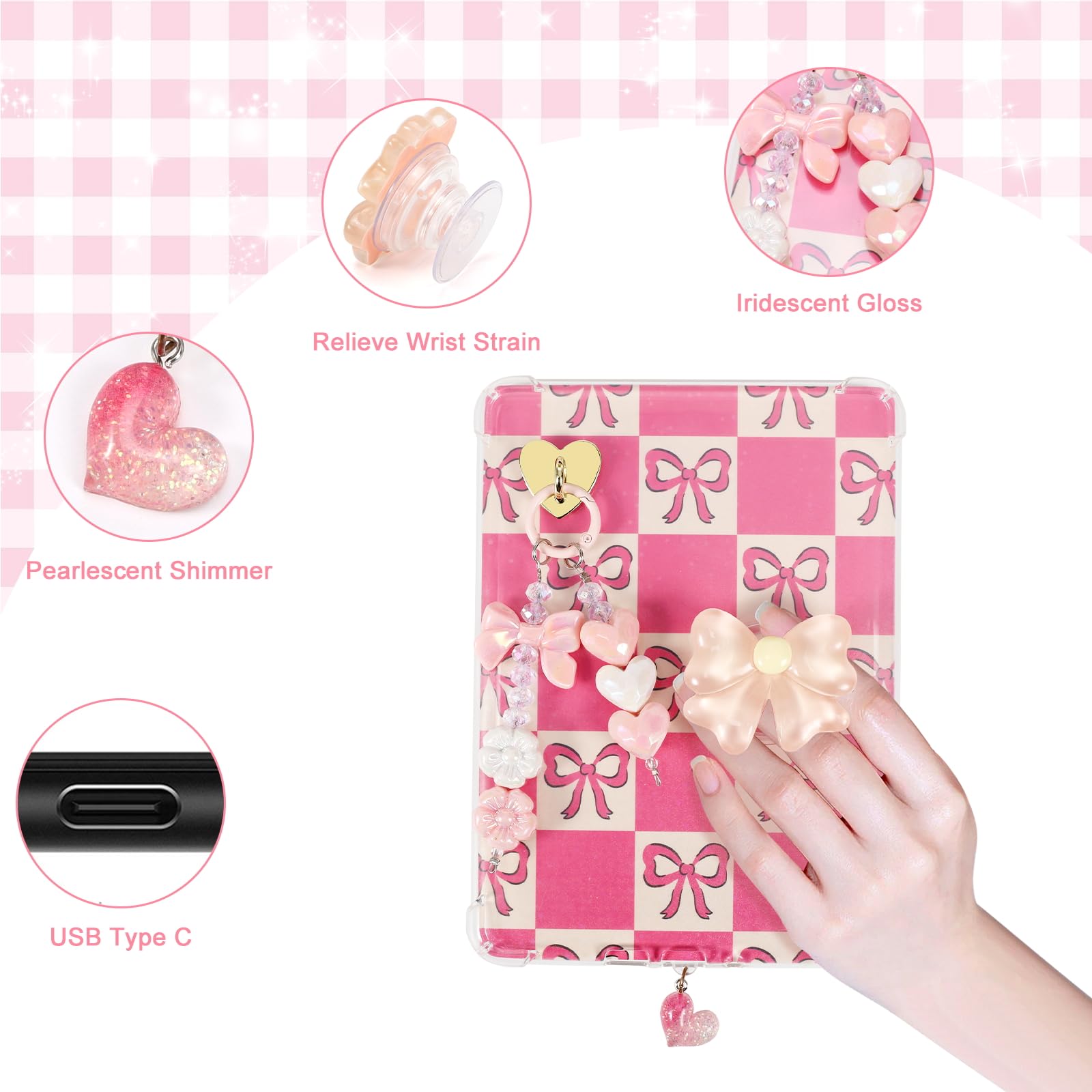 POVESTE Set di accessori per e-reader che include 8 inserti in cartoncino, catenine, tappo antipolvere, supporto impugnatura, 50 adesivi, ciondoli a tema fiocco per Kindle 11a e 12a generazione