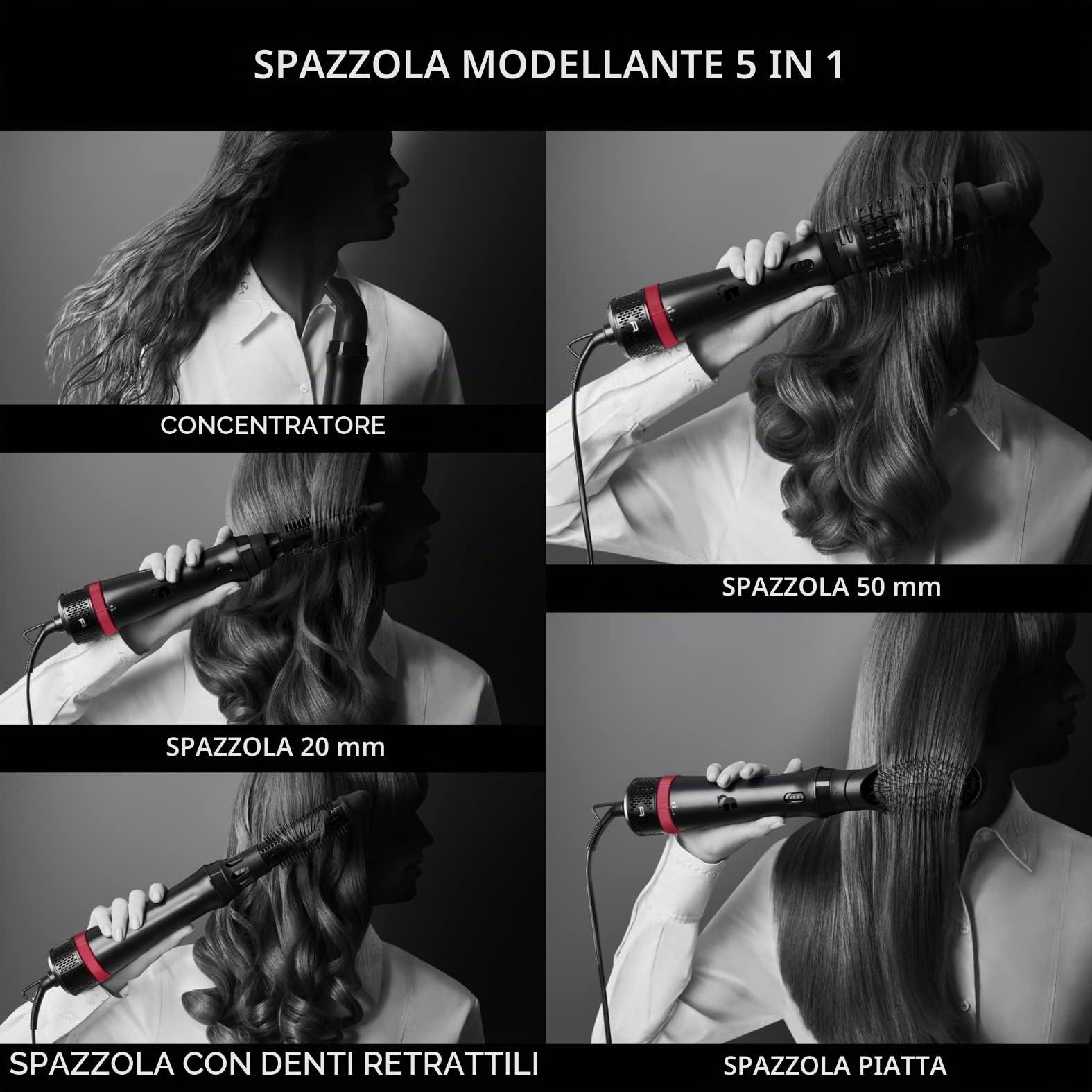 Rowenta x Karl Lagerfeld CF635L Express Style spazzola ad aria calda | 5 in 1 | rivestimento cheratina & Glow | costante 60°C | tutti i tipi di capelli | accessori completi | nero/rosso