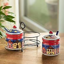 ExclusiveLane 'Night Huts' Ceramic Pickle Jars for Dining Table With Spoon & Iron Holder (Set of 2, Non-Airtight, 220 ml) | Pickle Jar With Spoon Achar Jar Set Achar Container Set for Dining Table|