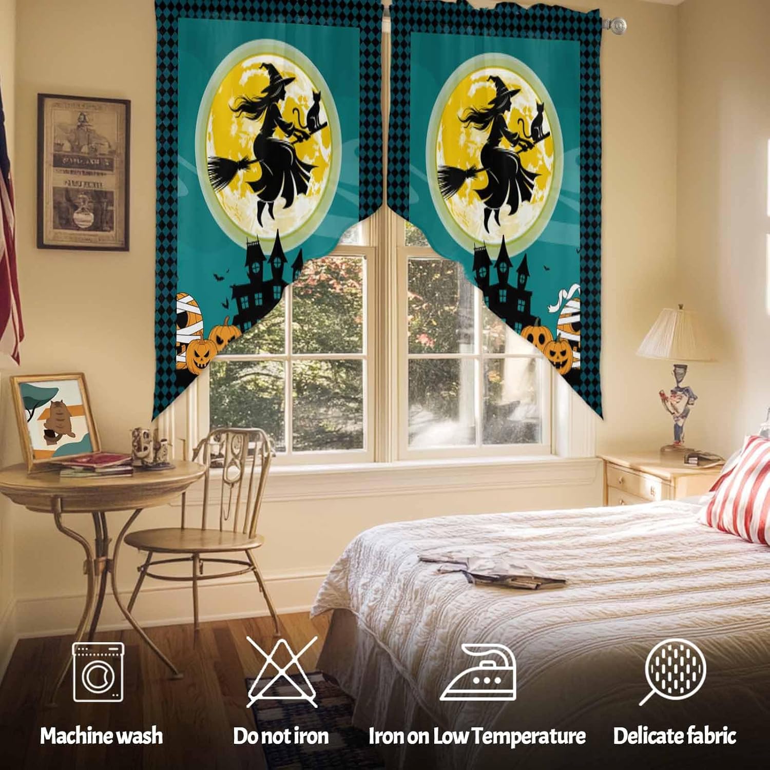 Swag Curtain,Witch Hats Black Cat Moon Kitchen Valances Rod Pocket Curtains Tier Pair Swag Topper,Castle Silhouette Pumpkin Ghost Face 2 Panels Window Treatment for Bathroom Living Room Bedroom