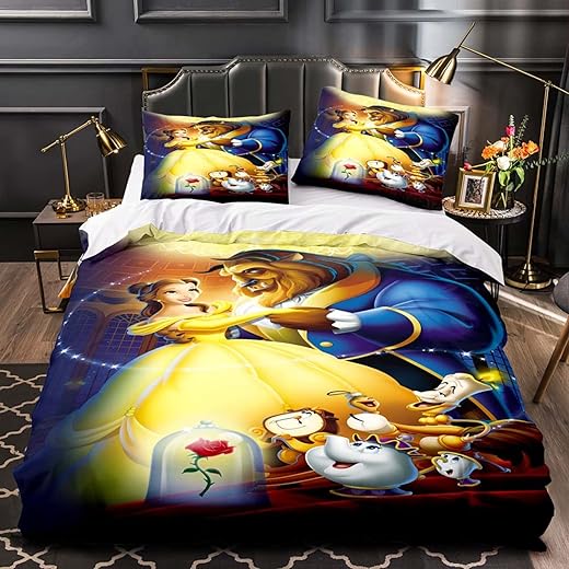 JOOTEN Beauty and the Beast Bed Linen Set 135 x 200 cm Children Girls Teenagers Bedroom Duvet Cover Set Microfibre Duvet Cover with Zip and 2 Pillowcases 80 x 80 cm 3-Piece