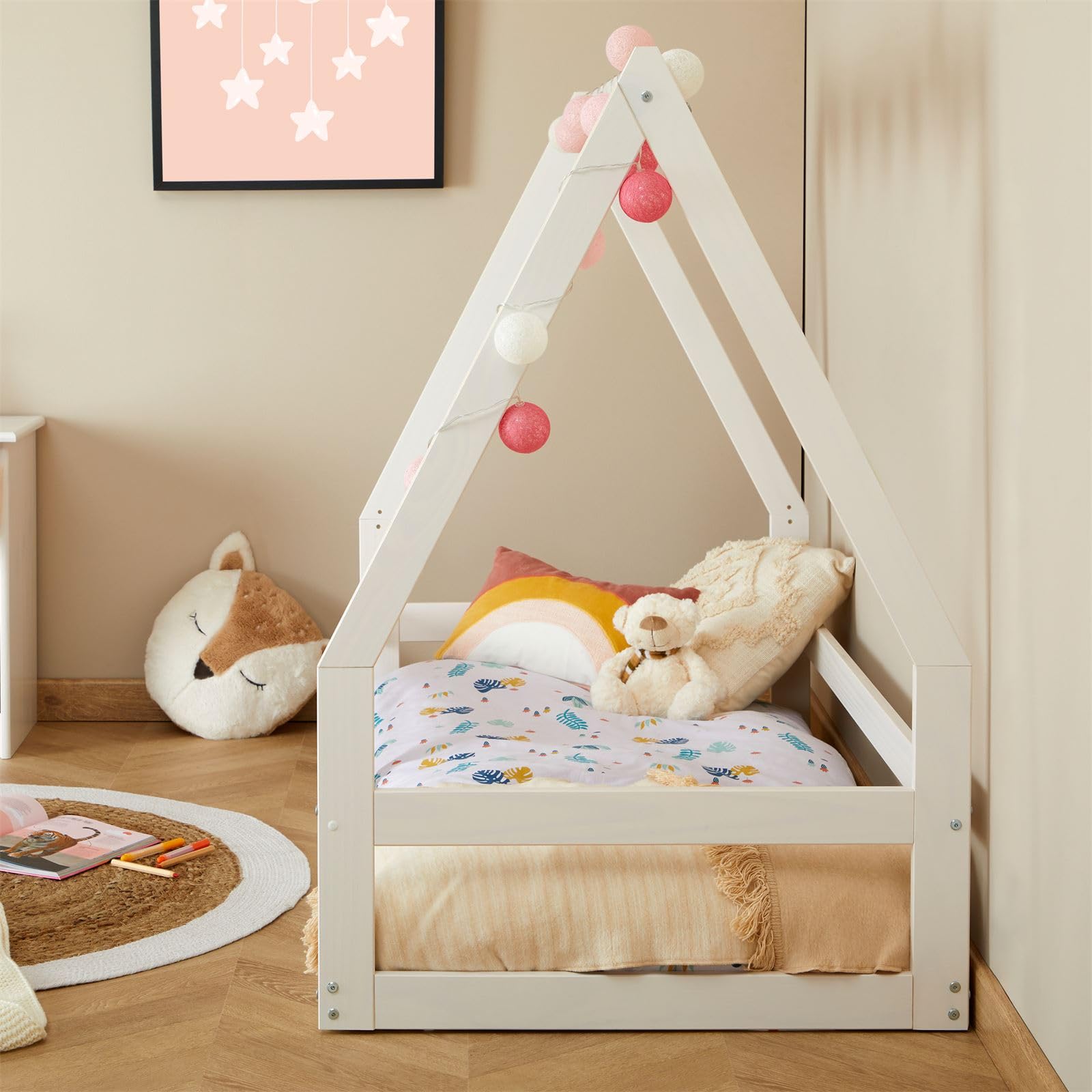 IDIMEX Lit cabane Tami 70x140 cm, lit Simple 1 Place pour bébé ou Enfant de Type Montessori, en pin Massif lasuré Blanc