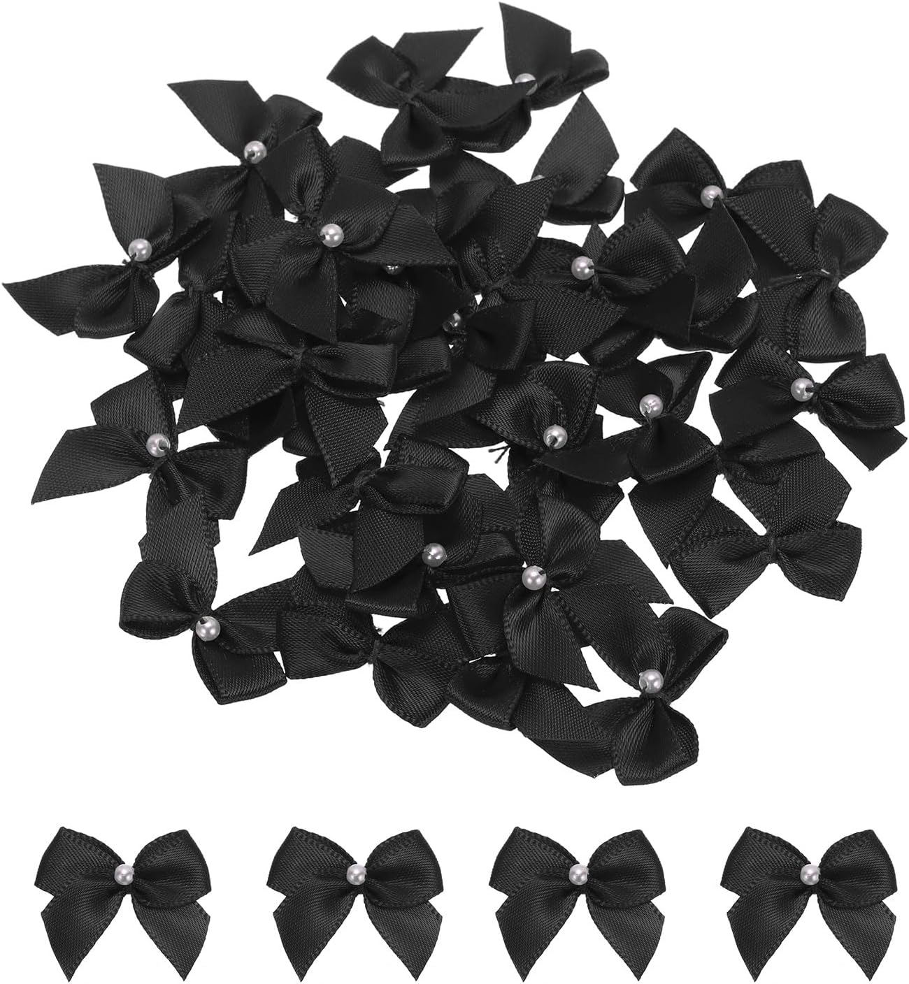 MECCANIXITY 40Pcs Mini Black Ribbon Bow with Pearl 1" Ribbon Flowers Appliques for Craft DIY Hair Bow Sewing Wedding Party Christmas Decoration