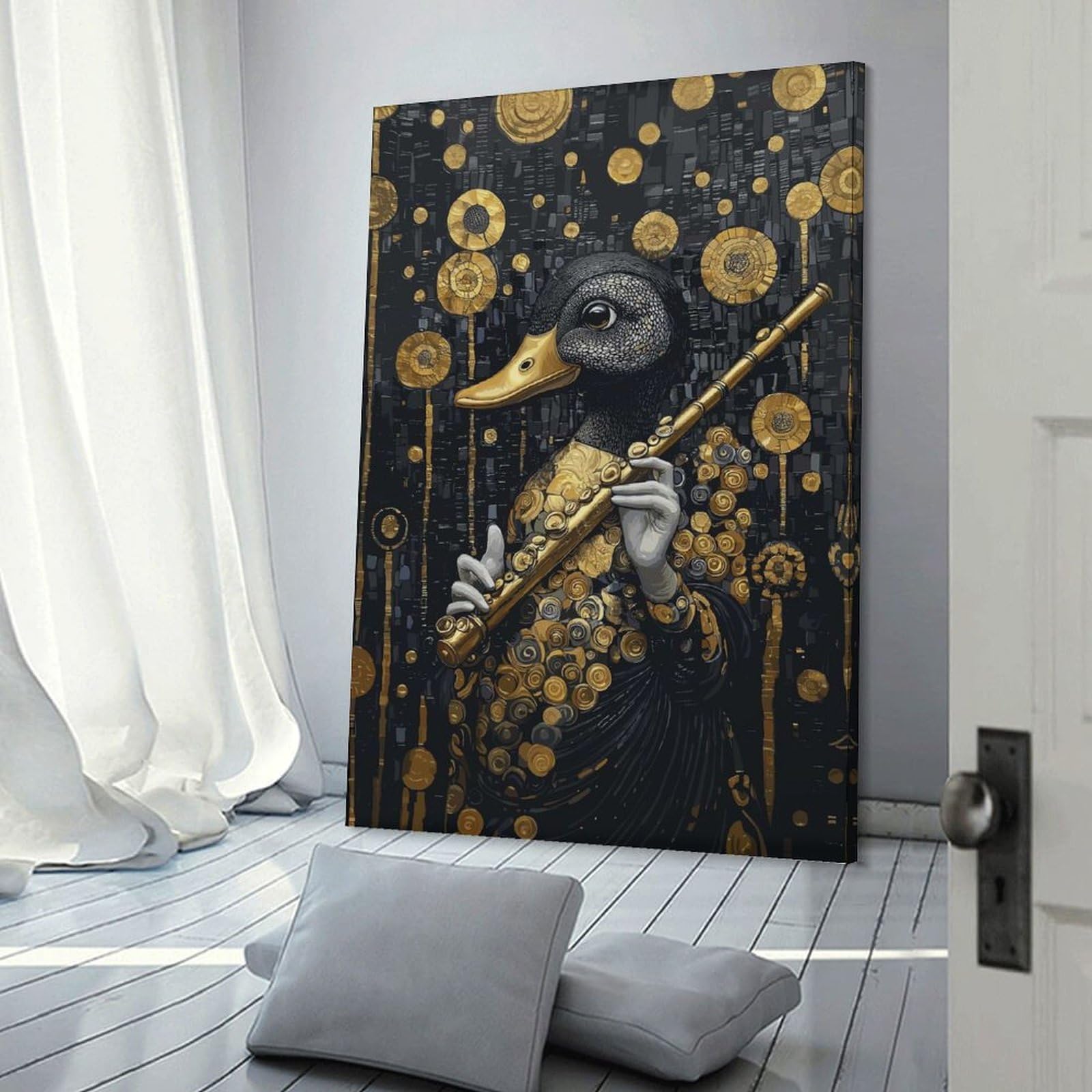 Junmoney Duck Flutist in Gold Decorative Wall Artwork 24x36inch(60x90cm), for Front Hall, Corridor Or Welcome Spaces, Decorative Wall Art for Narrow Spaces